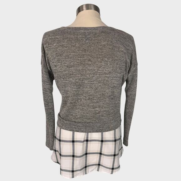 Style & Co. Petite PM Heather Gray Light Sweater with Plaid Blouse Hem - Picture 4 of 6
